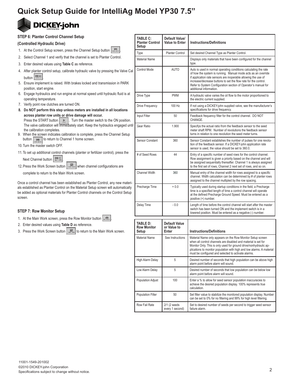 Quick setup guide for intelliag model yp30 7.5 | Great Plains YP3010HDP-4475 10HDP Series 44 Row 7 1-2 Inch Quick Start User Manual | Page 2 / 5