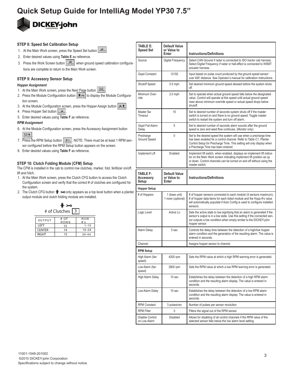 Quick setup guide for intelliag model yp30 7.5, Of clutches 3 | Great Plains YP3010HDP-4475 10HDP Series 44 Row 7 1-2 Inch Quick Start User Manual | Page 3 / 5