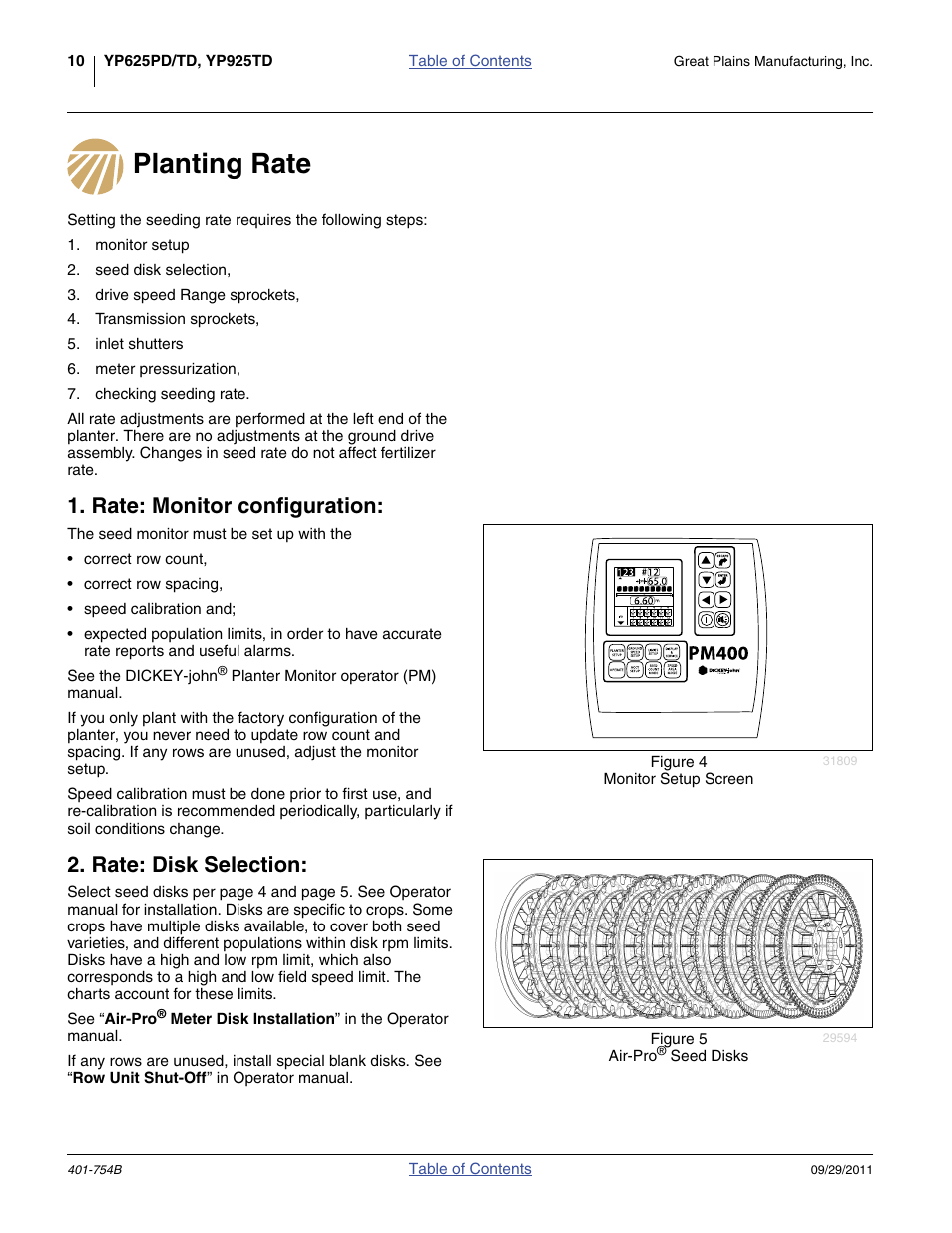 Planting rate, Rate: monitor configuration, Rate: disk selection | Great Plains YP625PD Material Rate User Manual | Page 12 / 42