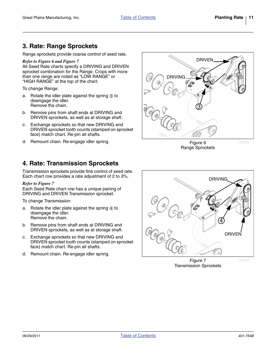 Rate: range sprockets, Rate: transmission sprockets, Rate: rang e sprockets | Rate: t ransmission sprockets | Great Plains YP625PD Material Rate User Manual | Page 13 / 42