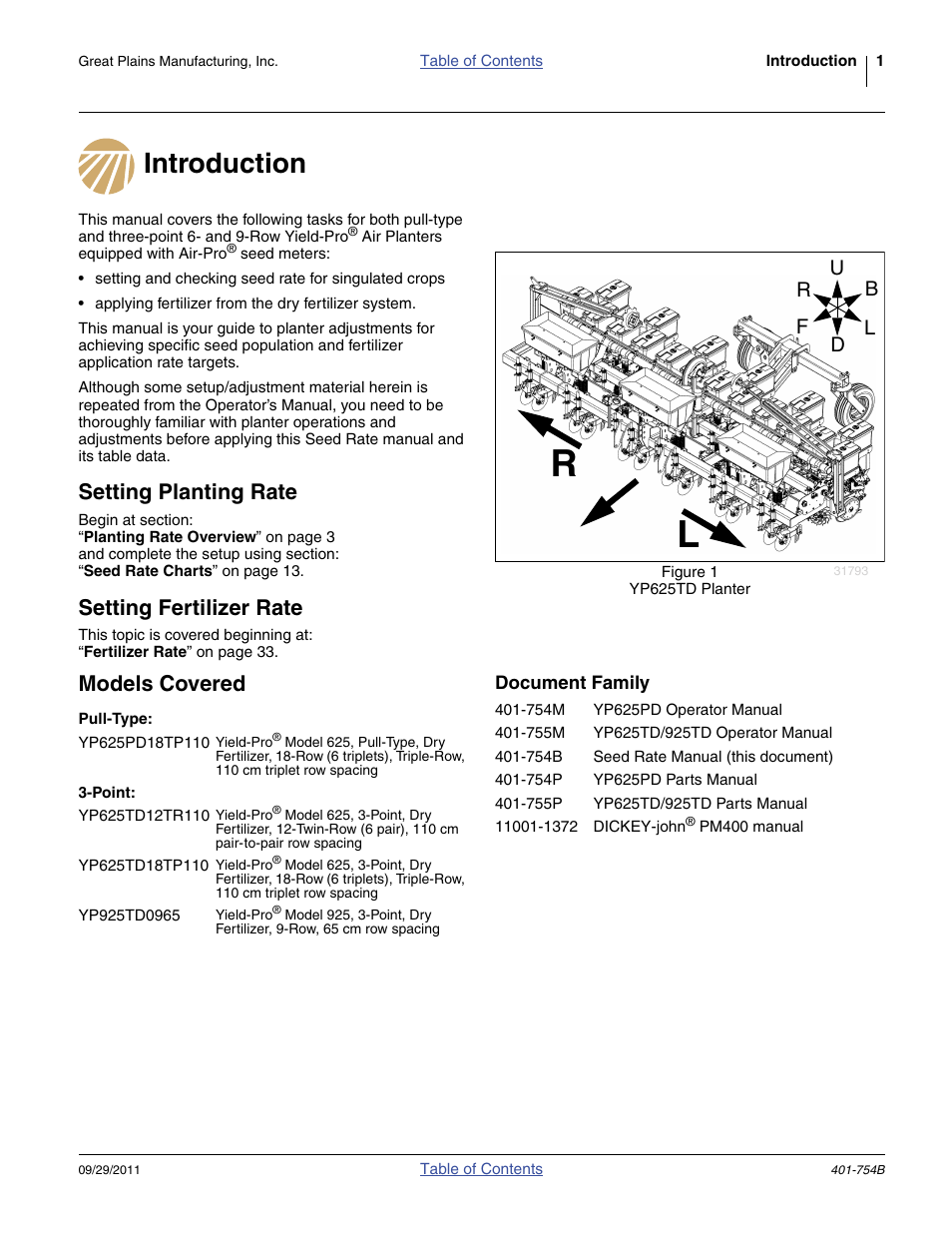 Introduction, Setting planting rate, Setting fertilizer rate | Models covered, Document family | Great Plains YP625PD Material Rate User Manual | Page 3 / 42