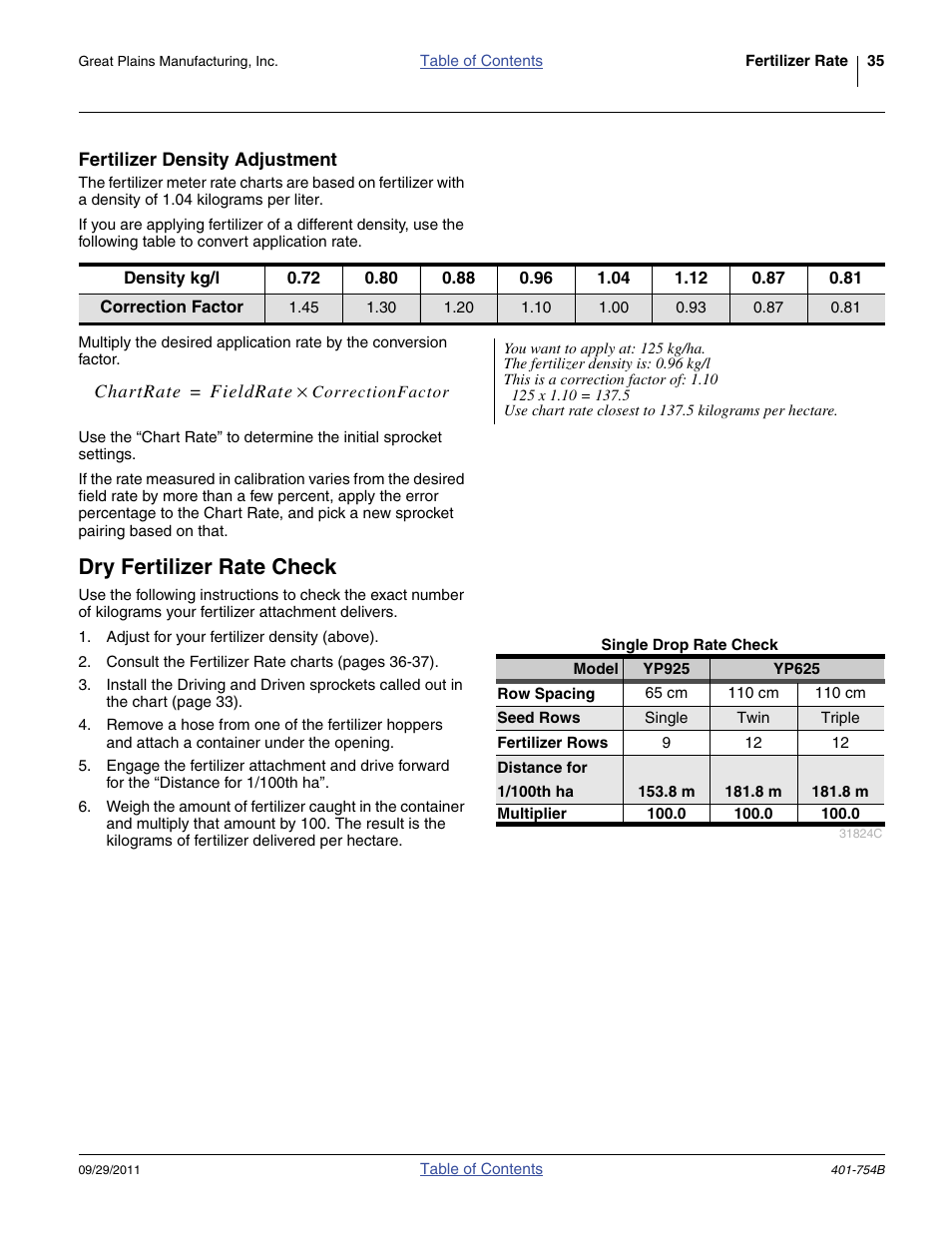 Fertilizer density adjustment, Dry fertilizer rate check | Great Plains YP625PD Material Rate User Manual | Page 37 / 42