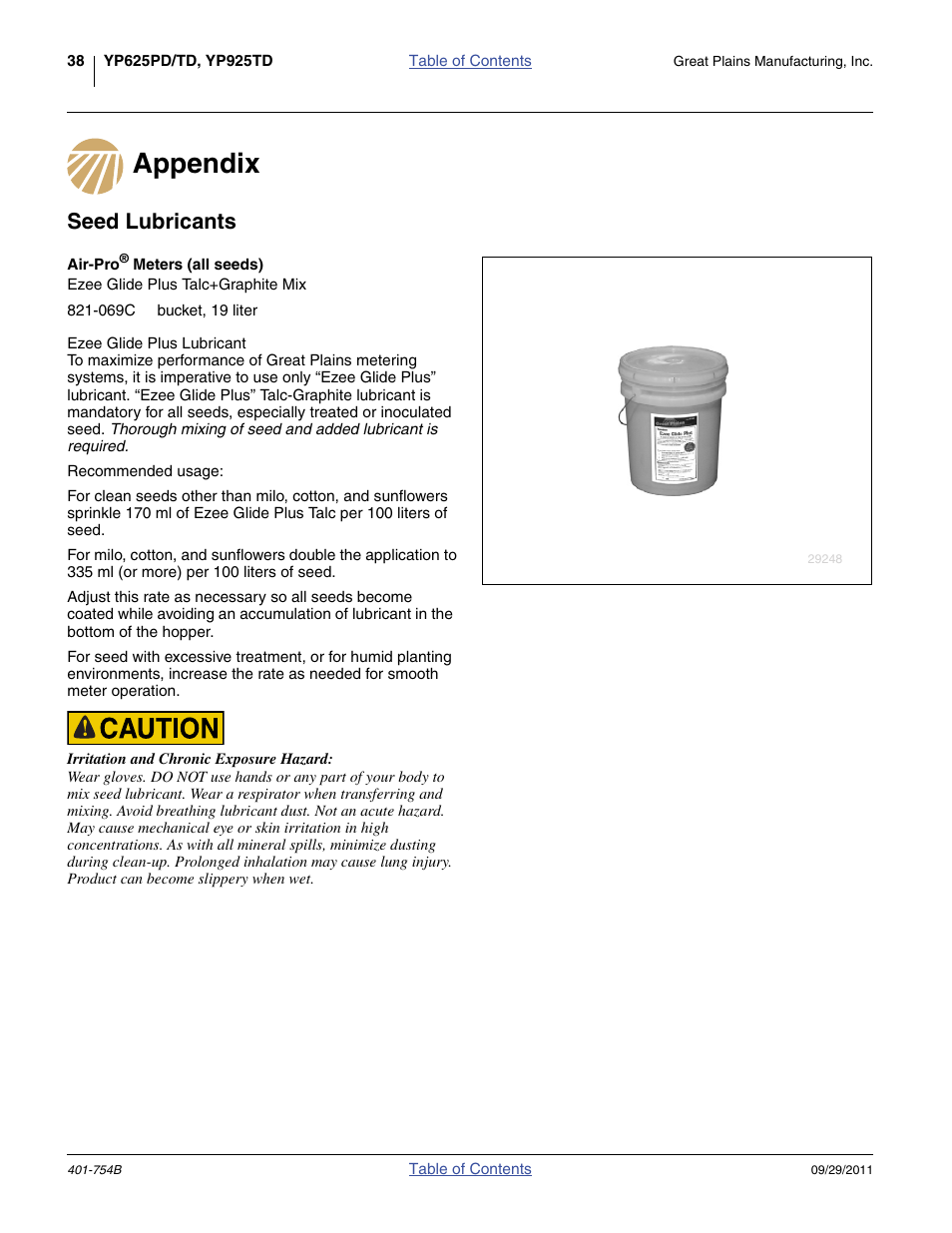 Appendix, Seed lubricants, Appendix seed lubricants | Great Plains YP625PD Material Rate User Manual | Page 40 / 42