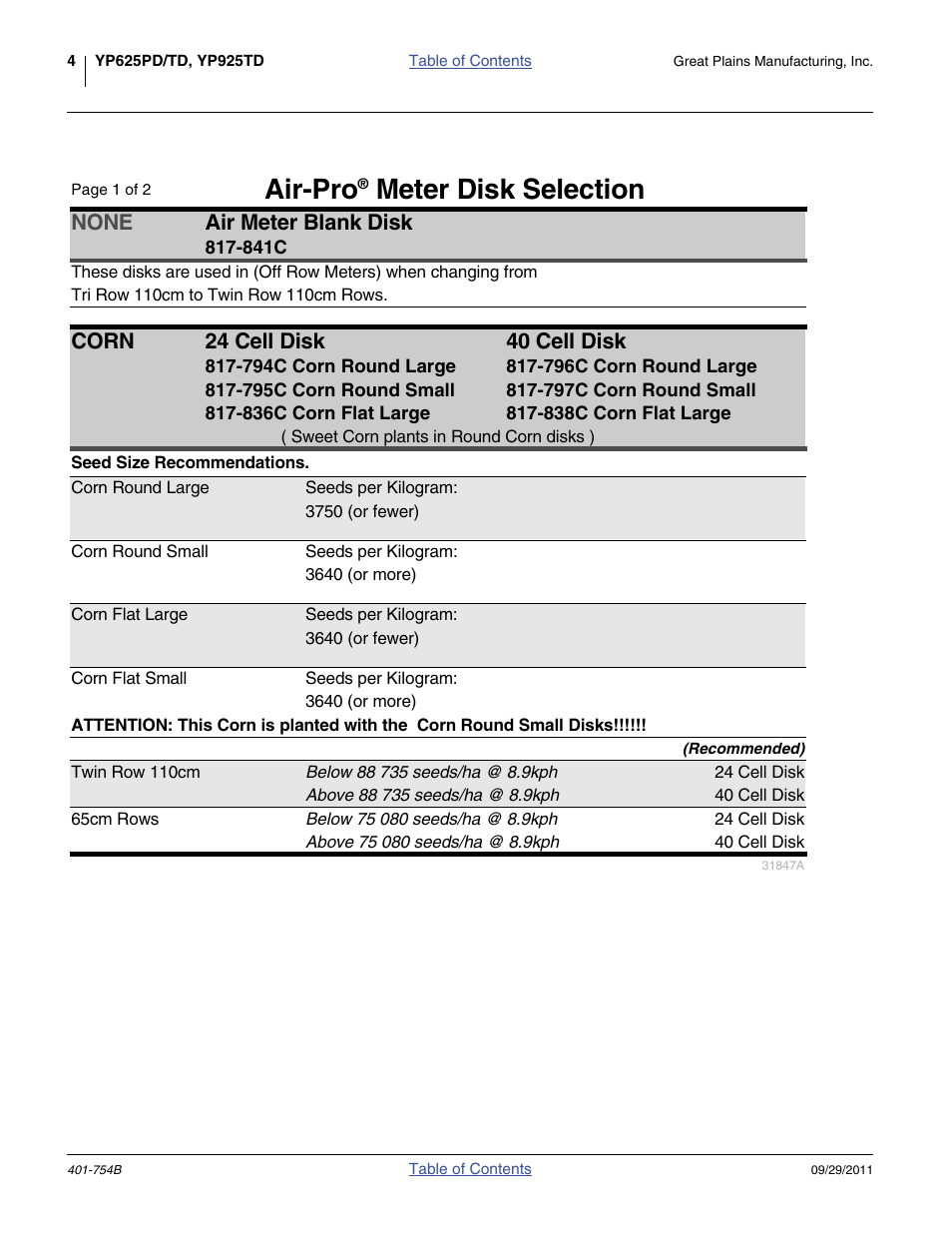 Air-pro® meter disk selection, Air-pro, Meter disk selection | None air meter blank disk, Corn 24 cell disk 40 cell disk | Great Plains YP625PD Material Rate User Manual | Page 6 / 42