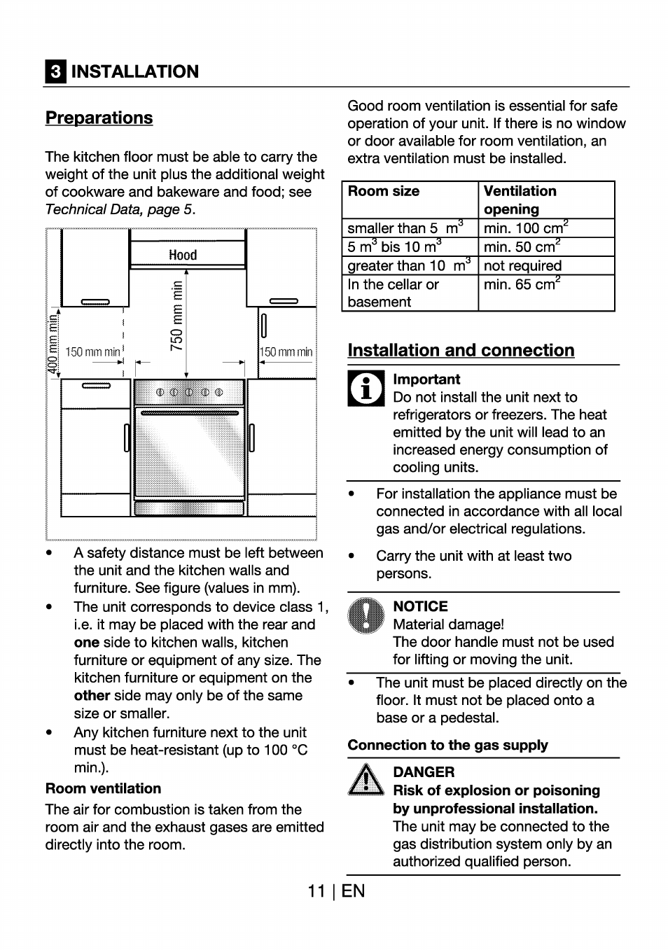 Important, Notice, Connection to the gas supply | Danger, 11 i en, Installation preparations, Installation and connection | Beko BK 6340 Y User Manual | Page 11 / 20