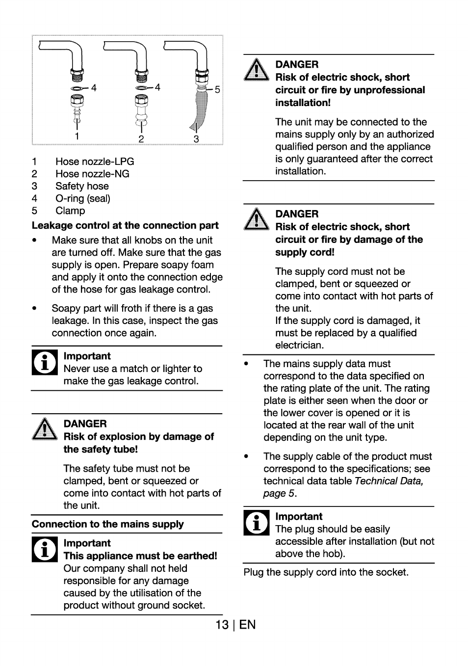 Important, Danger, Connection to the mains supply important | 13 i en | Beko BK 6340 Y User Manual | Page 13 / 20