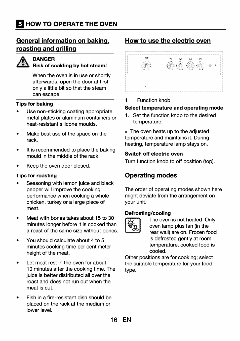 Danger, How to use the electric oven, Switch off eiectric oven | Operating modes, Defrosting/cooiing, General information on baking, roasting, And grilling, 16 i en | Beko BK 6340 Y User Manual | Page 16 / 20