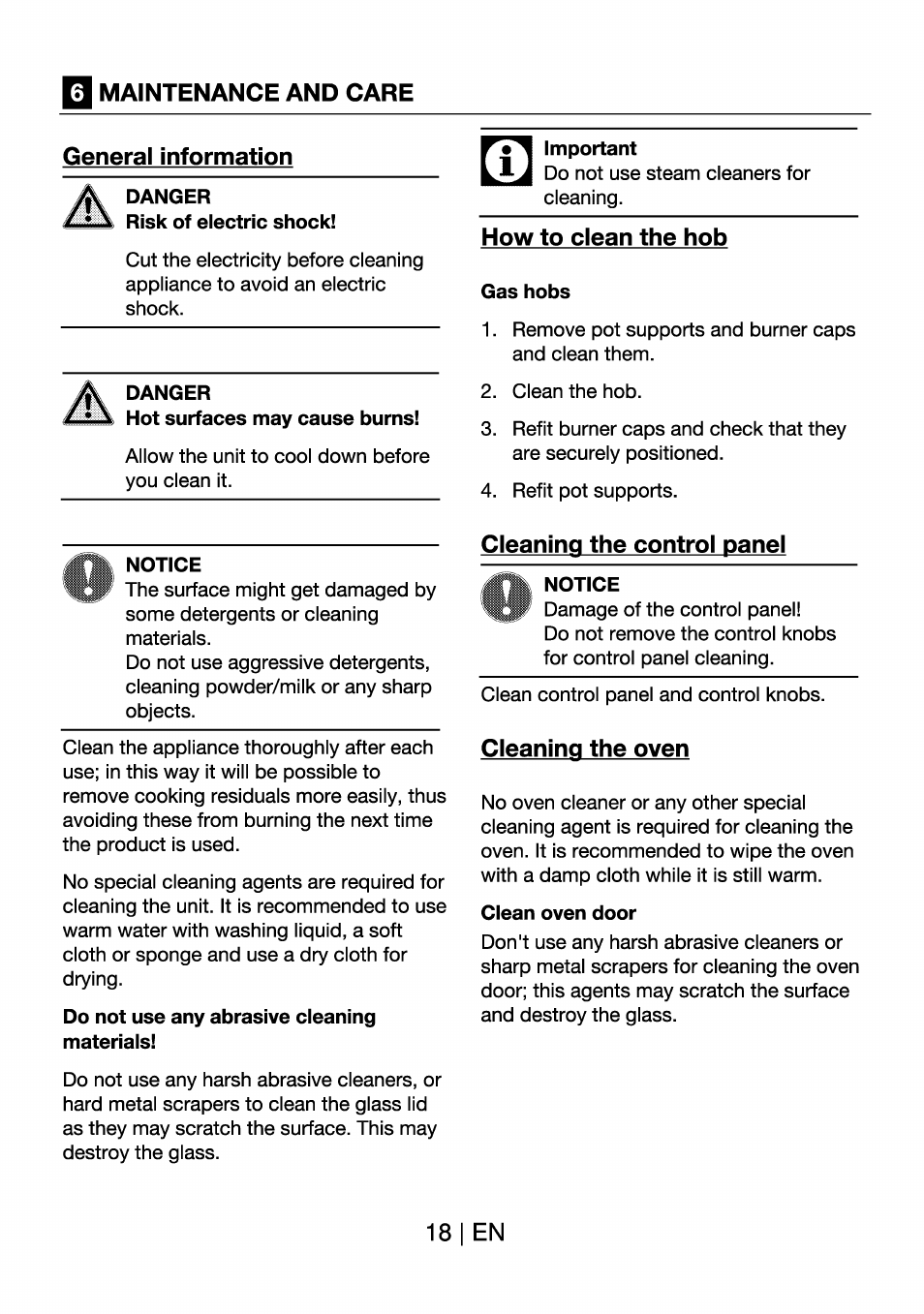 Maintenance and care, General information, Danger | Important, How to clean the hob, Gas hobs, Notice, Do not use any abrasive cleaning materials, Cleaning the control panel, Cleaning the oven | Beko BK 6340 Y User Manual | Page 18 / 20