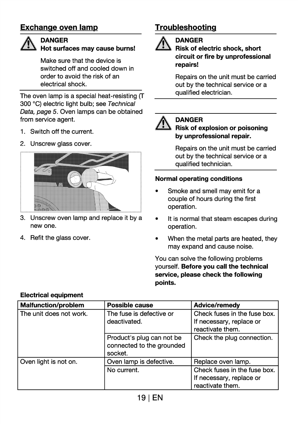 Danger, Exchange oven lamp troubleshooting, 19 i en | Beko BK 6340 Y User Manual | Page 19 / 20