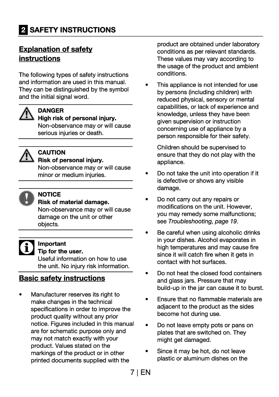 Safety instructions, Explanation of safety instructions, Danger | Caution, Notice, Important tip for the user, Basic safety instructions, 7| en | Beko BK 6340 Y User Manual | Page 7 / 20
