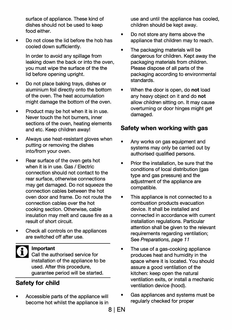 Safety for child, Safety when working with gas, 8 i en | Beko BK 6340 Y User Manual | Page 8 / 20