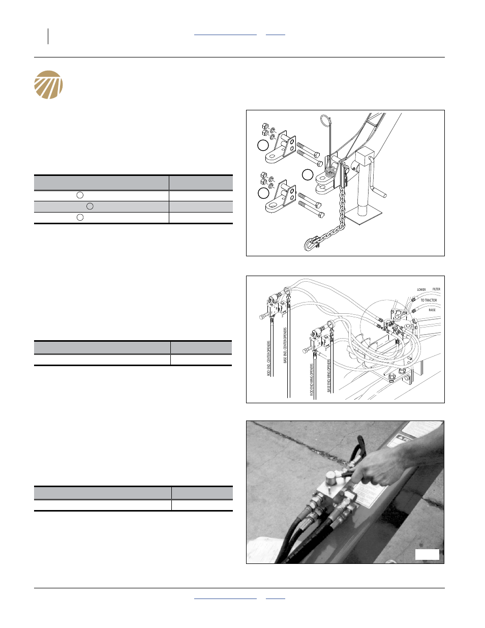 Options, Hitches, Open center conversion | Two outlet hydraulic kit, Hitch description part numbers, Description part number | Great Plains 3S-4000HDF Operator Manual User Manual | Page 102 / 120