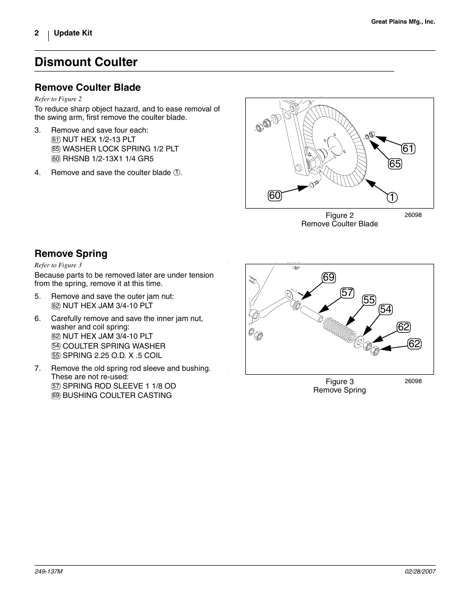 Dismount coulter, Remove coulter blade, Remove spring | Great Plains Frame-Mounted Coulters User Manual | Page 2 / 6