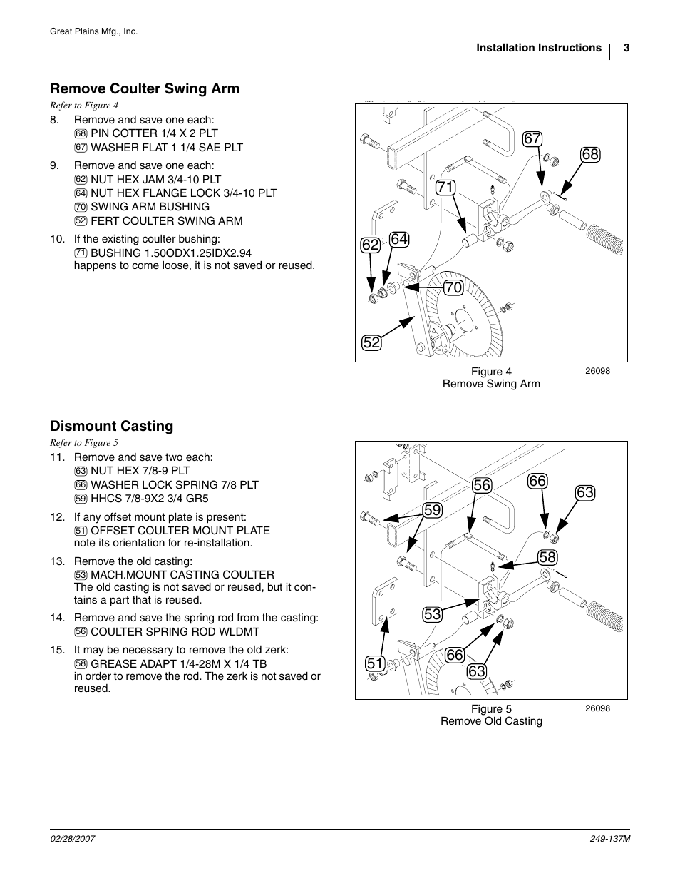 Remove coulter swing arm, Dismount casting | Great Plains Frame-Mounted Coulters User Manual | Page 3 / 6