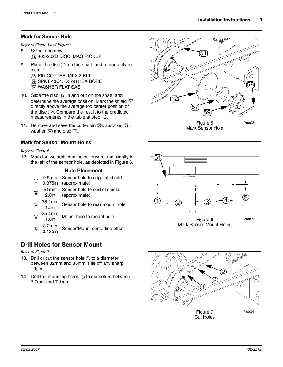 Mark for sensor hole, Mark for sensor mount holes, Drill holes for sensor mount | Great Plains PD8070 User Manual | Page 3 / 10