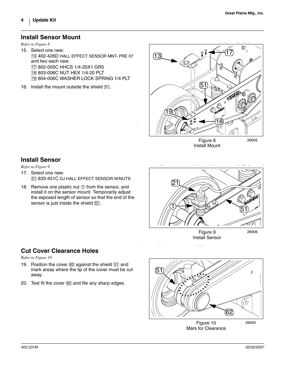 Install sensor mount, Install sensor, Cut cover clearance holes | Great Plains PD8070 User Manual | Page 4 / 10