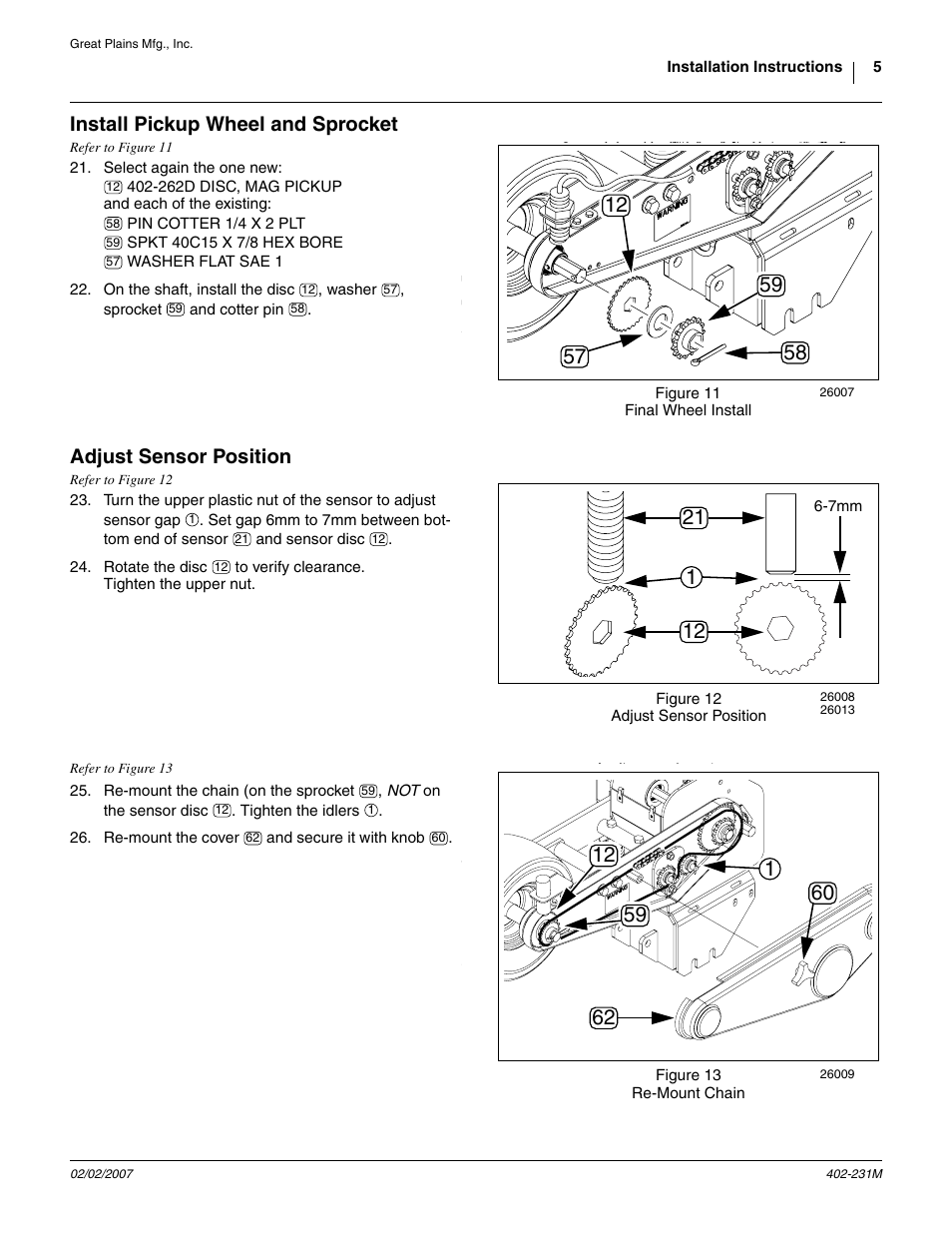 Install pickup wheel and sprocket, Adjust sensor position | Great Plains PD8070 User Manual | Page 5 / 10