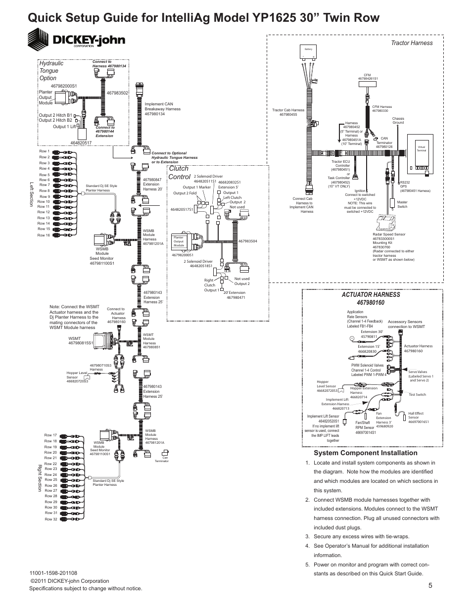 System component installation, Clutch control, Tractor harness | Hydraulic tongue option | Great Plains YP1625-32TR 32 Twin Row 30 Inch Quick Start User Manual | Page 5 / 5
