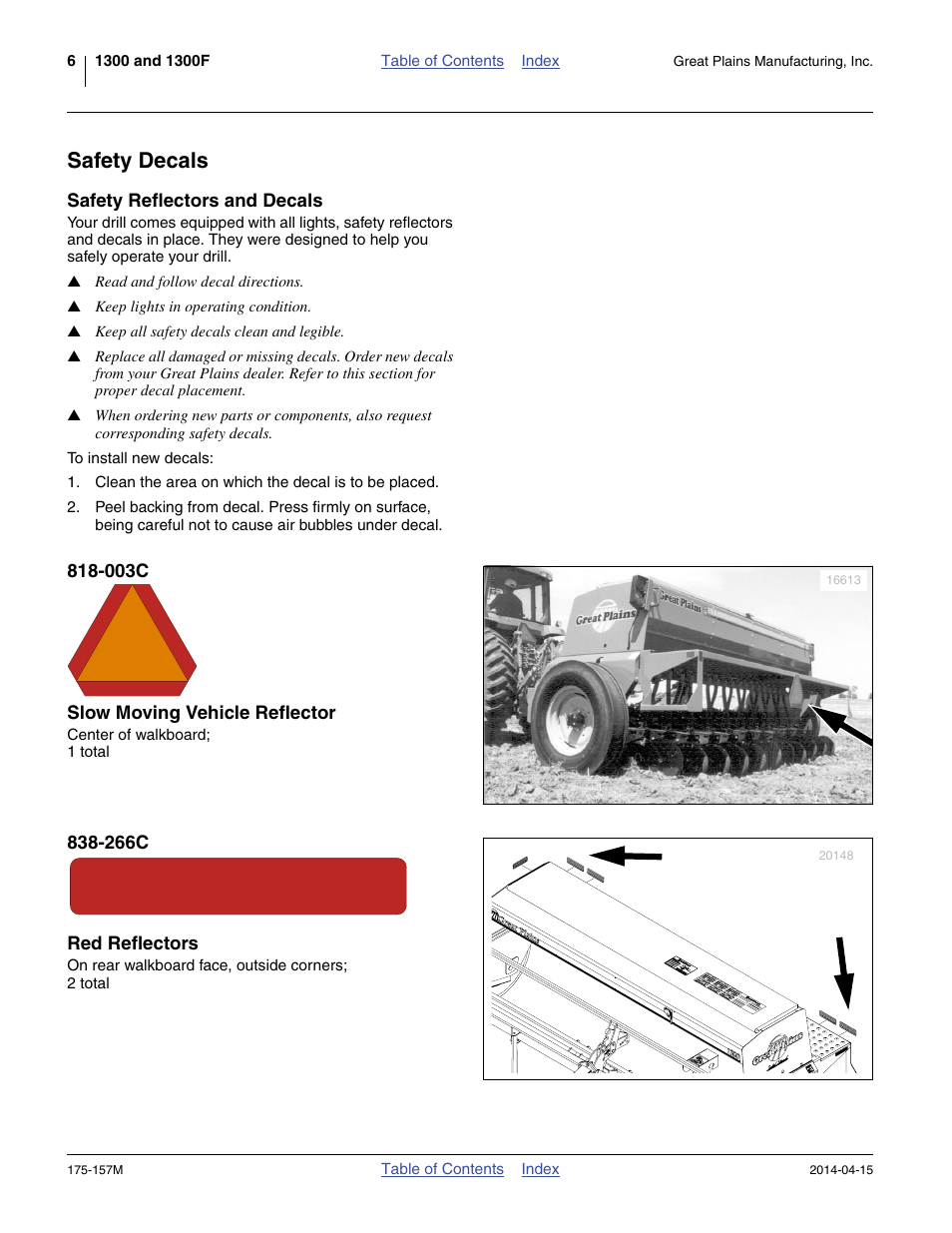 Safety decals, Safety reflectors and decals, 003c slow moving vehicle reflector | 266c red reflectors | Great Plains 1300 13-Foot Operator Manual User Manual | Page 10 / 78