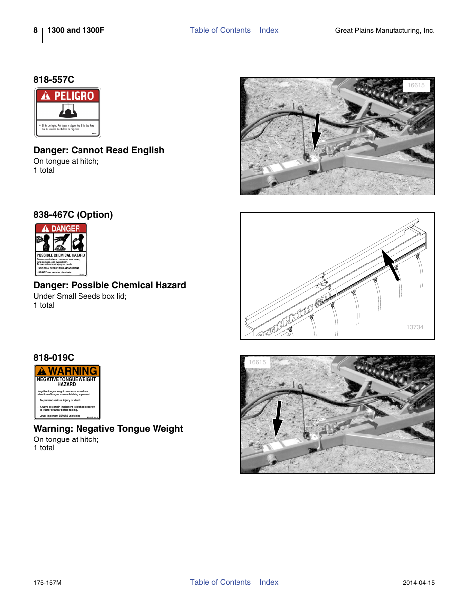 557c danger: cannot read english, 467c (option) danger: possible chemical hazard, 019c warning: negative tongue weight | Warning | Great Plains 1300 13-Foot Operator Manual User Manual | Page 12 / 78