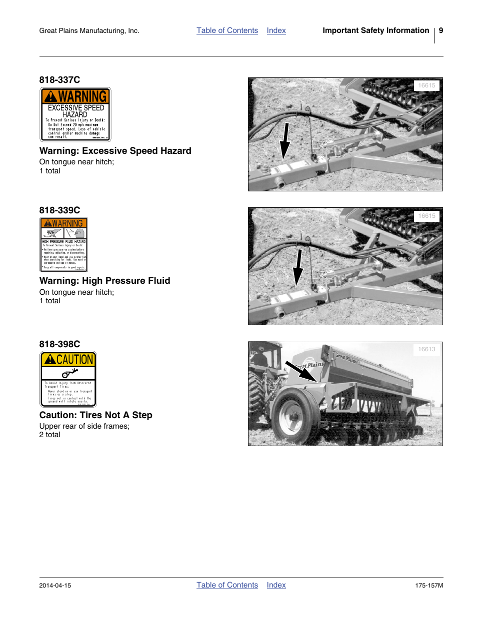 337c warning: excessive speed hazard, 339c warning: high pressure fluid, 398c caution: tires not a step | Great Plains 1300 13-Foot Operator Manual User Manual | Page 13 / 78