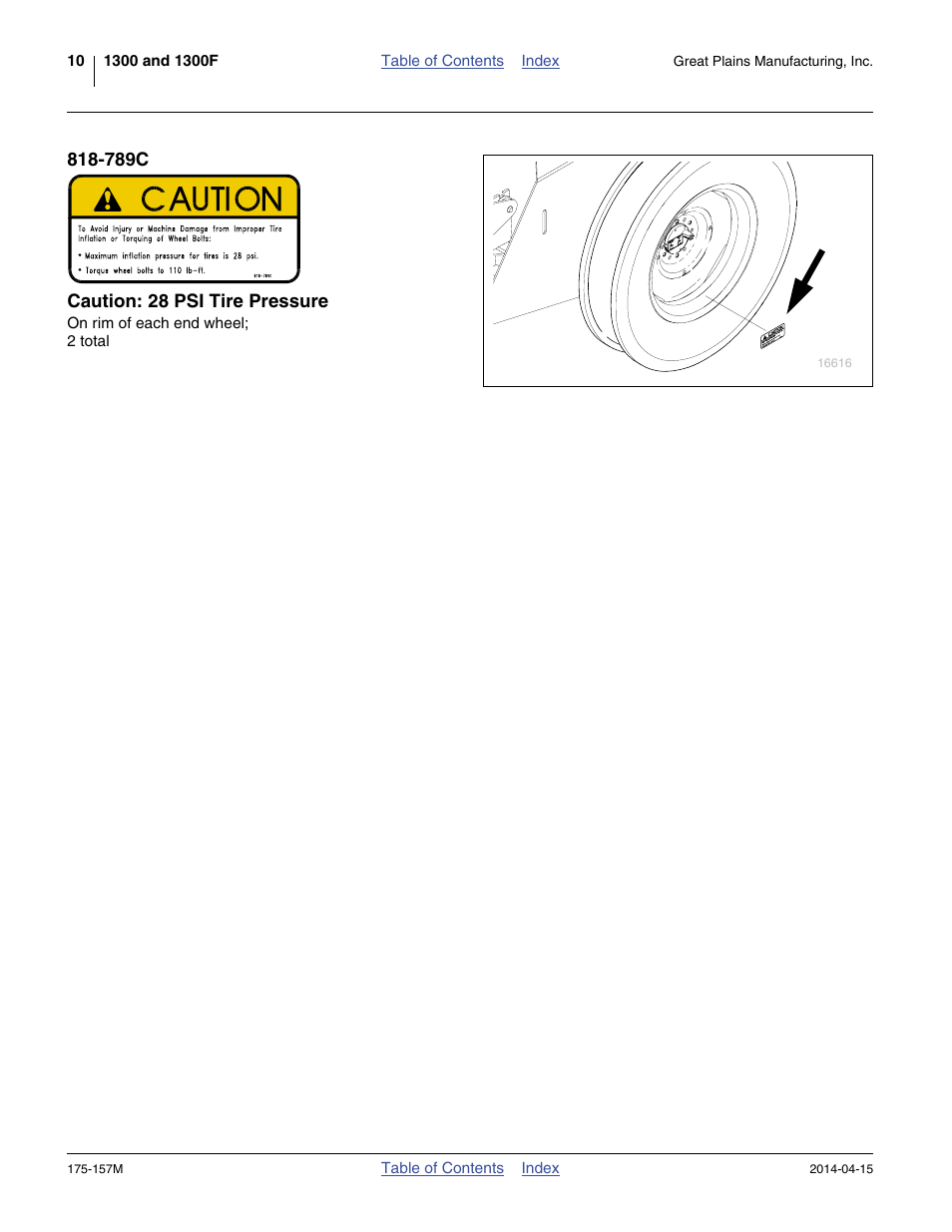 789c caution: 28 psi tire pressure | Great Plains 1300 13-Foot Operator Manual User Manual | Page 14 / 78