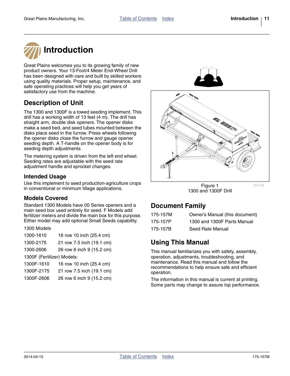 Introduction, Description of unit, Intended usage | Models covered, Document family, Using this manual, Introduction description of unit, Intended usage models covered, Document family using this manual | Great Plains 1300 13-Foot Operator Manual User Manual | Page 15 / 78