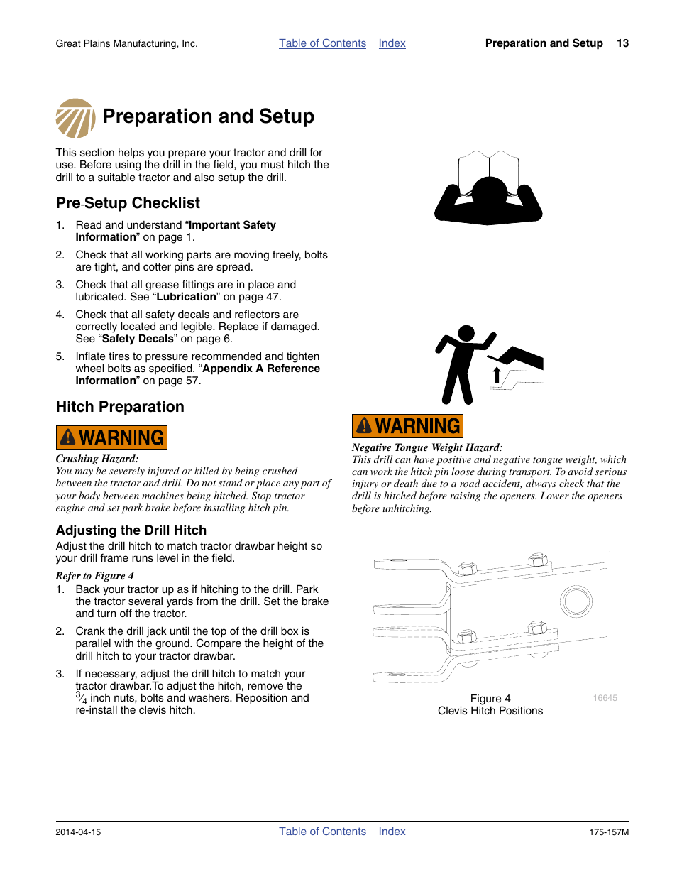 Preparation and setup, Pre-setup checklist, Hitch preparation | Adjusting the drill hitch, Setup checklist | Great Plains 1300 13-Foot Operator Manual User Manual | Page 17 / 78
