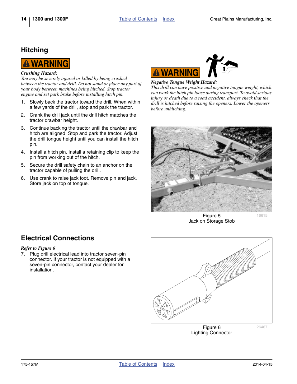 Hitching, Electrical connections, Hitching electrical connections | Great Plains 1300 13-Foot Operator Manual User Manual | Page 18 / 78