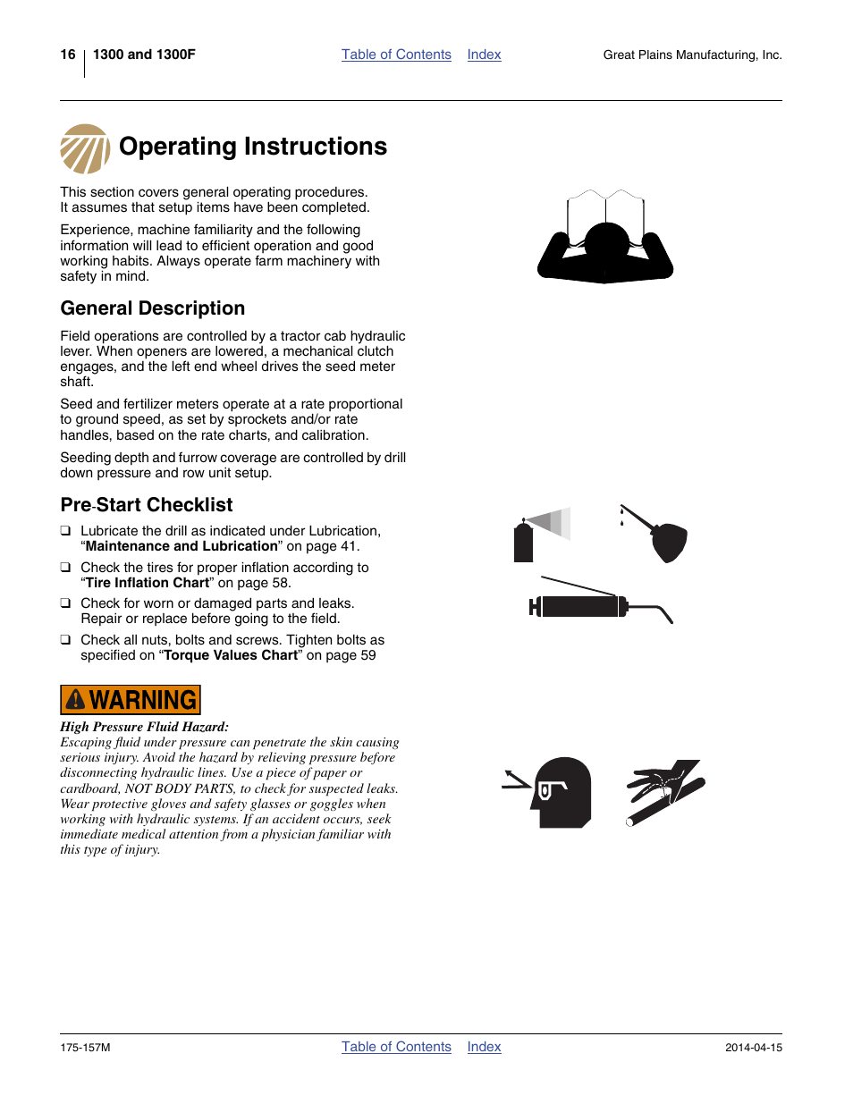 Operating instructions, General description, Pre-start checklist | Start checklist | Great Plains 1300 13-Foot Operator Manual User Manual | Page 20 / 78