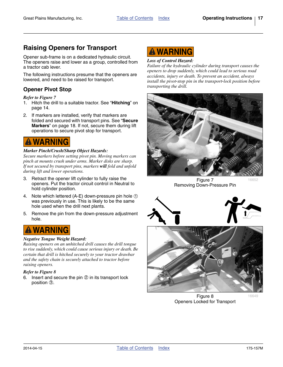 Raising openers for transport, Opener pivot stop | Great Plains 1300 13-Foot Operator Manual User Manual | Page 21 / 78