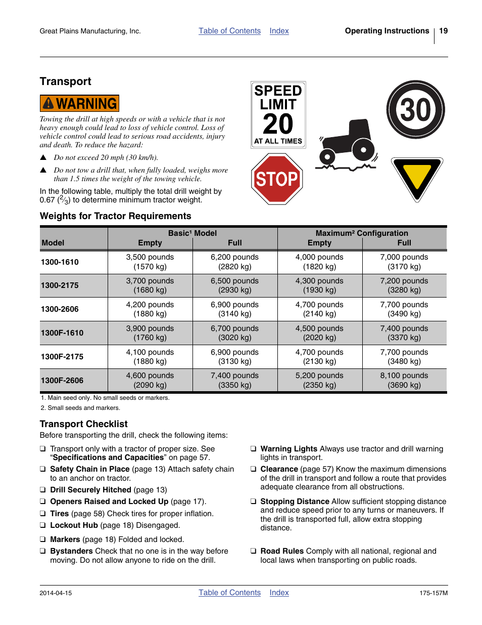 Transport, Weights for tractor requirements, Transport checklist | Great Plains 1300 13-Foot Operator Manual User Manual | Page 23 / 78