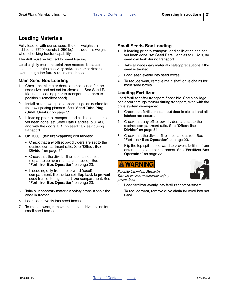 Loading materials, Main seed box loading, Small seeds box loading | Loading fertilizer | Great Plains 1300 13-Foot Operator Manual User Manual | Page 25 / 78