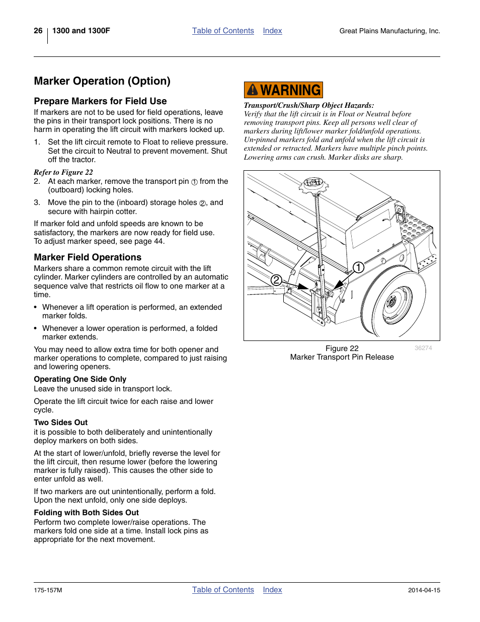 Marker operation (option), Prepare markers for field use, Marker field operations | Operating one side only, Two sides out, Folding with both sides out | Great Plains 1300 13-Foot Operator Manual User Manual | Page 30 / 78