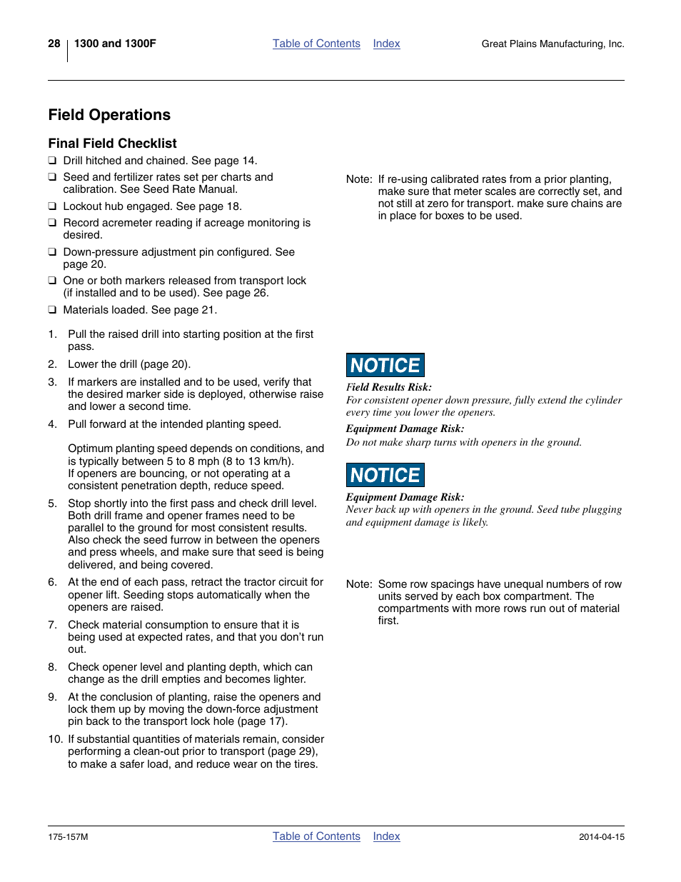 Field operations, Final field checklist | Great Plains 1300 13-Foot Operator Manual User Manual | Page 32 / 78