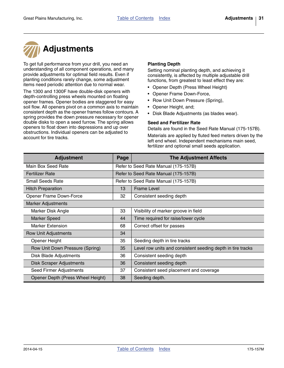 Adjustments, Planting depth, Seed and fertilizer rate | Planting depth seed and fertilizer rate, Adjustments section | Great Plains 1300 13-Foot Operator Manual User Manual | Page 35 / 78