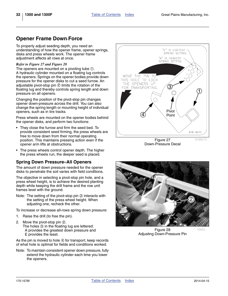 Opener frame down-force, Spring down pressure-all openers, Spring down pressure–all openers | Opener frame down, Force | Great Plains 1300 13-Foot Operator Manual User Manual | Page 36 / 78