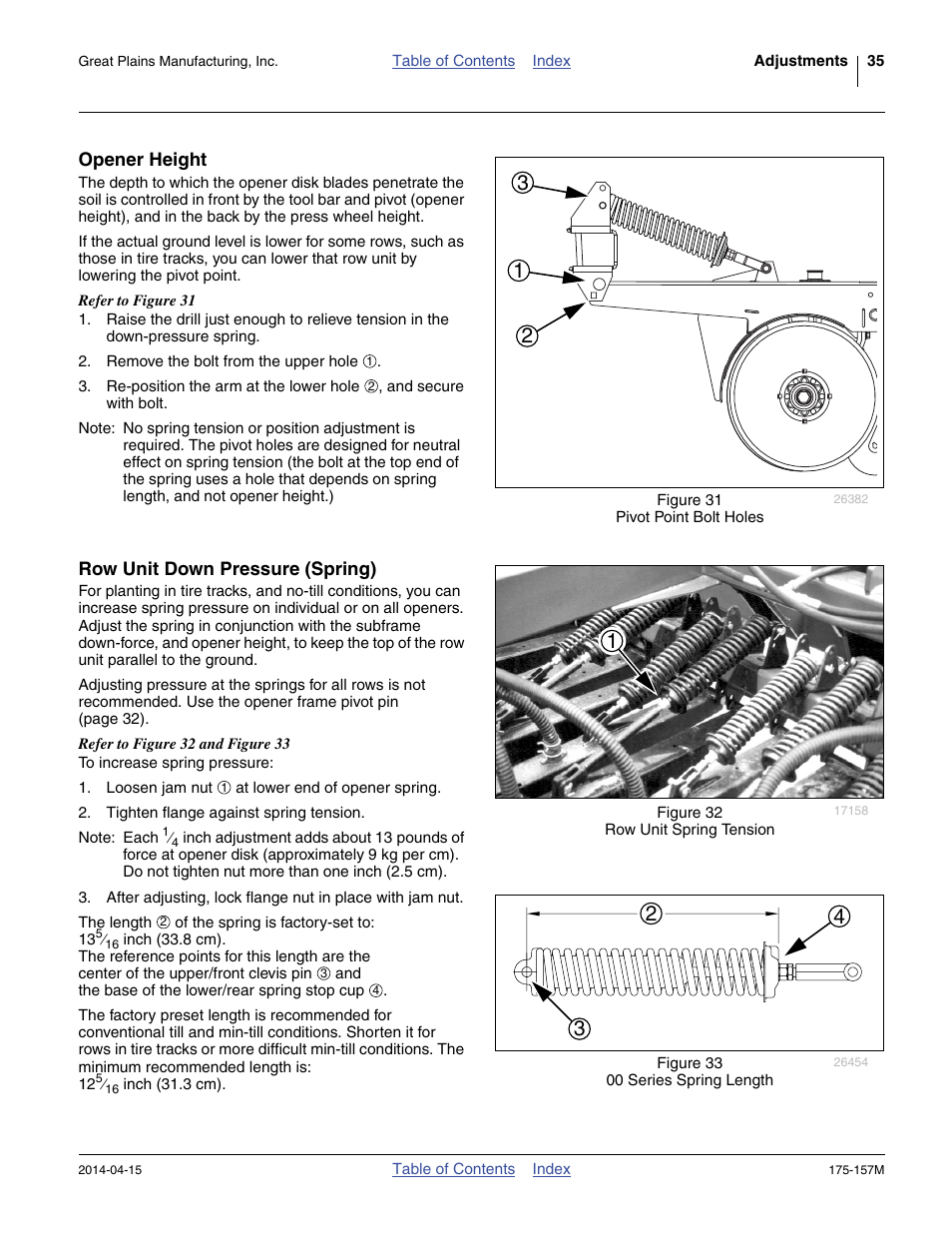 Opener height, Row unit down pressure (spring), Opener height row unit down pressure (spring) | Opener height, and | Great Plains 1300 13-Foot Operator Manual User Manual | Page 39 / 78
