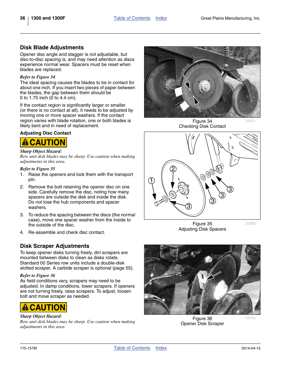 Disk blade adjustments, Adjusting disc contact, Disk scraper adjustments | Disk blade adjustments (as b | Great Plains 1300 13-Foot Operator Manual User Manual | Page 40 / 78