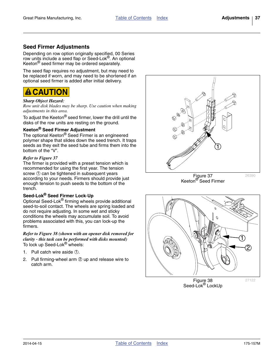 Seed firmer adjustments, Keeton® seed firmer adjustment, Seed-lok® seed firmer lock-up | Keeton, Seed-lok, Es seed-soil contact. see “ seed-lok, Seed, See “ keeton, Seed firmer adjustment ” on | Great Plains 1300 13-Foot Operator Manual User Manual | Page 41 / 78