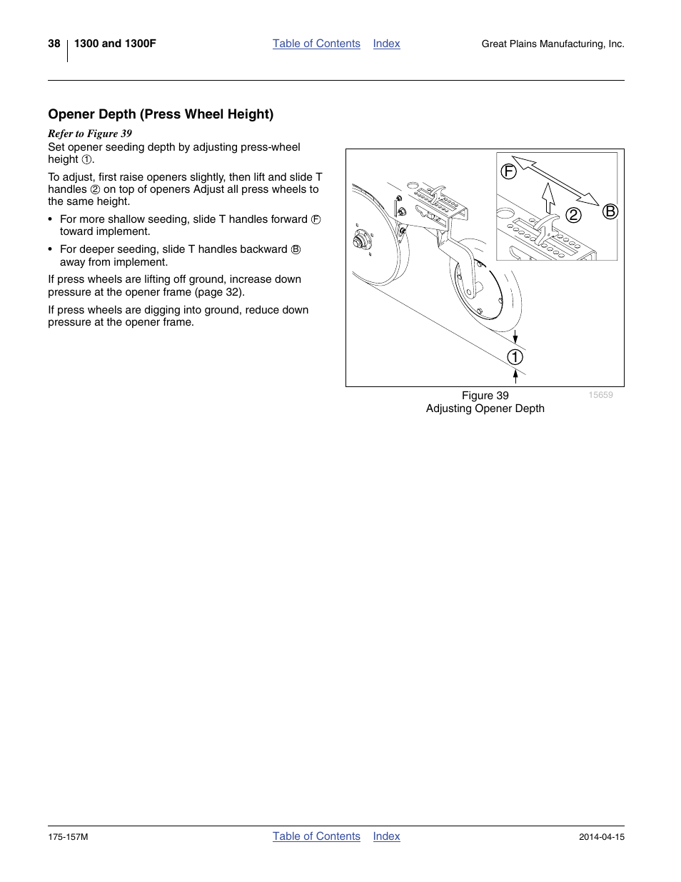 Opener depth (press wheel height), 12 b f | Great Plains 1300 13-Foot Operator Manual User Manual | Page 42 / 78