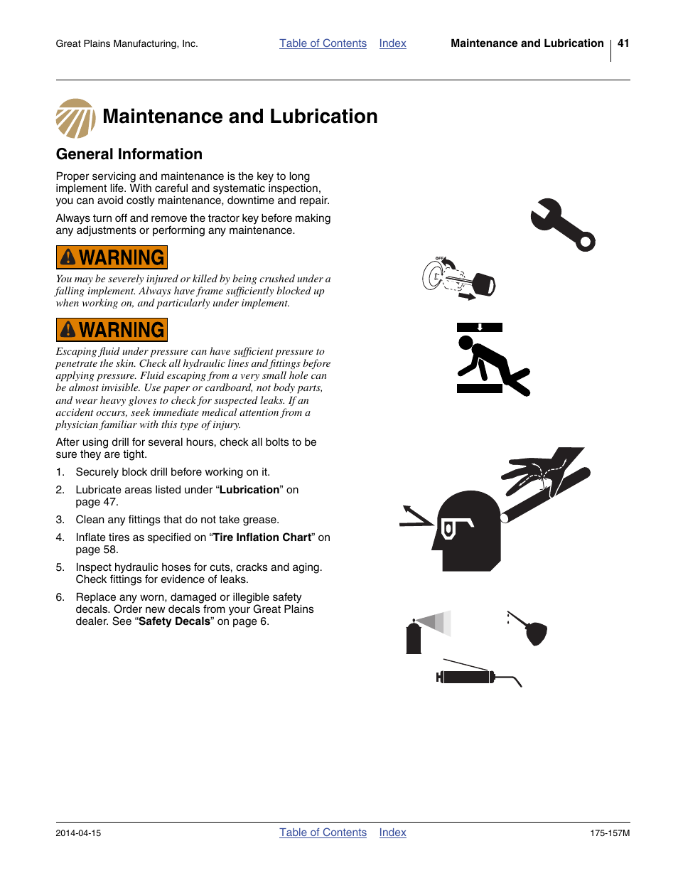 Maintenance and lubrication, General information, Maintenance and lubrication general information | Great Plains 1300 13-Foot Operator Manual User Manual | Page 45 / 78