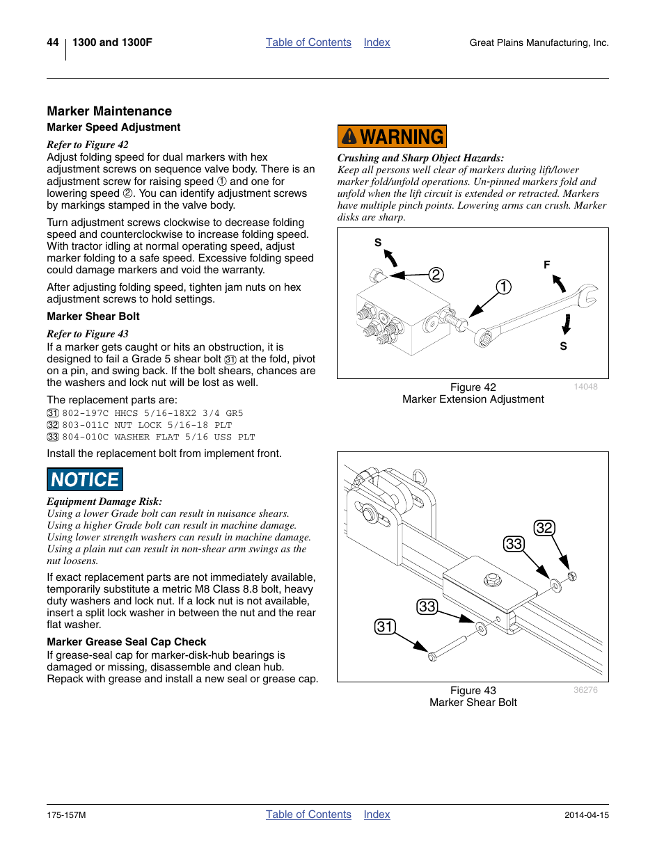 Marker maintenance, Marker speed adjustment, Marker shear bolt | Marker grease seal cap check, Marker speed adjustment marker shear bolt | Great Plains 1300 13-Foot Operator Manual User Manual | Page 48 / 78