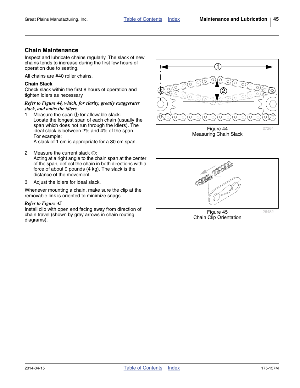 Chain maintenance, Chain slack | Great Plains 1300 13-Foot Operator Manual User Manual | Page 49 / 78