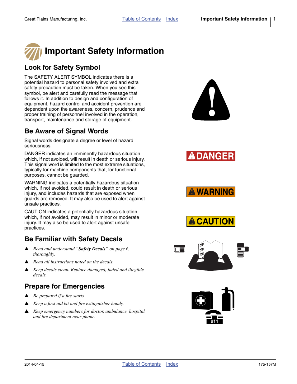 Important safety information, Look for safety symbol, Be aware of signal words | Be familiar with safety decals, Prepare for emergencies | Great Plains 1300 13-Foot Operator Manual User Manual | Page 5 / 78