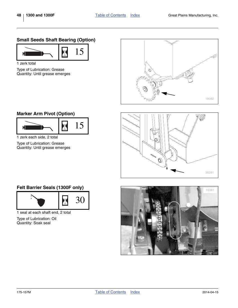 Small seeds shaft bearing (option), Marker arm pivot (option), Felt barrier seals (1300f only) | Great Plains 1300 13-Foot Operator Manual User Manual | Page 52 / 78