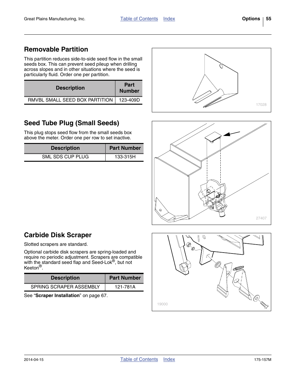 Removable partition, Seed tube plug (small seeds), Carbide disk scraper | Great Plains 1300 13-Foot Operator Manual User Manual | Page 59 / 78