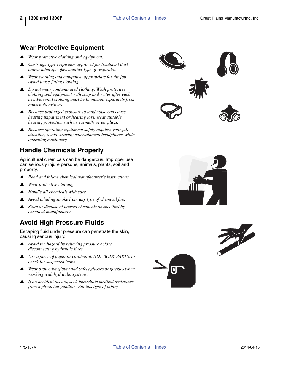Wear protective equipment, Handle chemicals properly, Avoid high pressure fluids | Great Plains 1300 13-Foot Operator Manual User Manual | Page 6 / 78