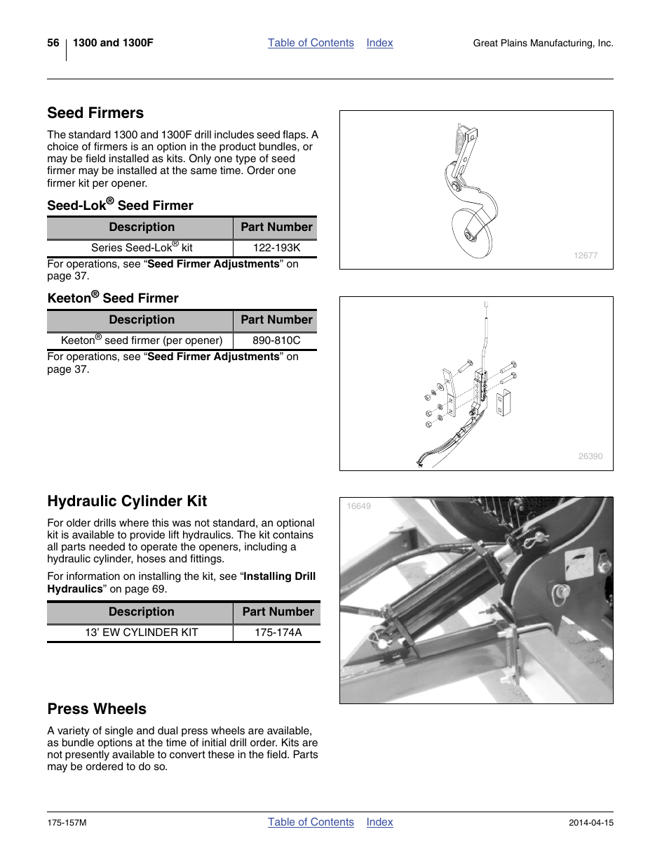 Seed firmers, Seed-lok® seed firmer, Keeton® seed firmer | Hydraulic cylinder kit, Press wheels | Great Plains 1300 13-Foot Operator Manual User Manual | Page 60 / 78
