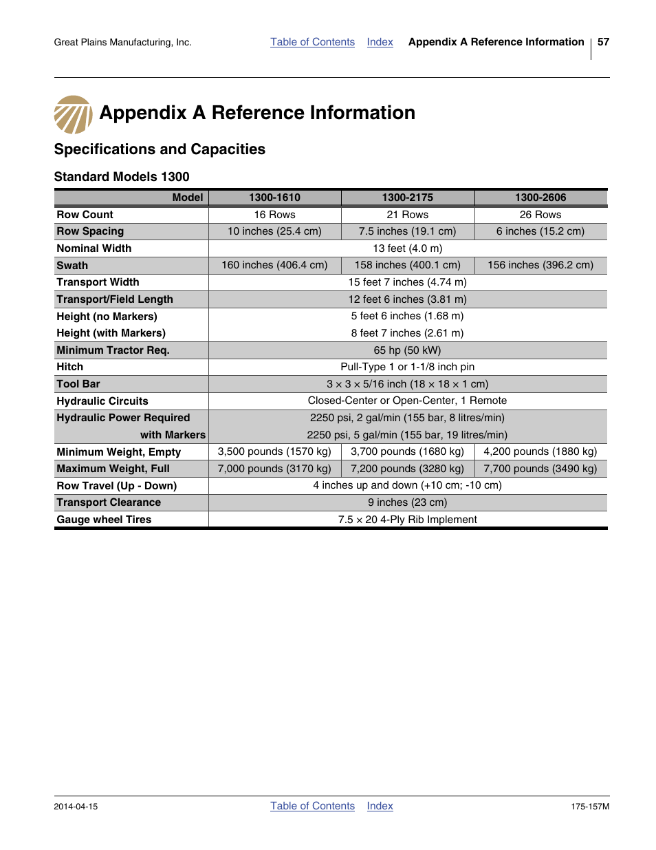 Appendix a reference information, Specifications and capacities, Standard models 1300 | Great Plains 1300 13-Foot Operator Manual User Manual | Page 61 / 78